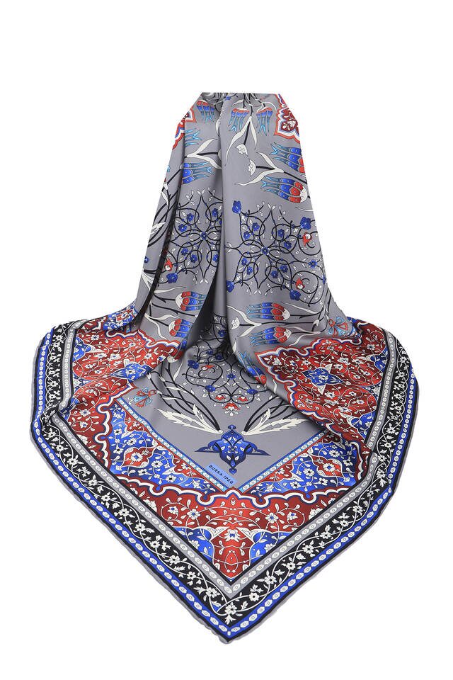 Gray Turkish Motif Candlestick Tulip Pattern Silky Square Scarf - 3