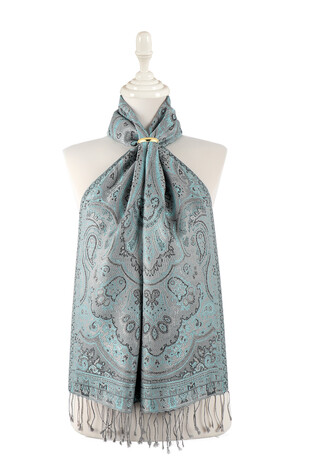 Gray Turquoise Jamawar Woven Silk Foulard - Thumbnail