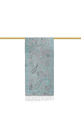 Gray Turquoise Jamawar Woven Silk Foulard - Thumbnail