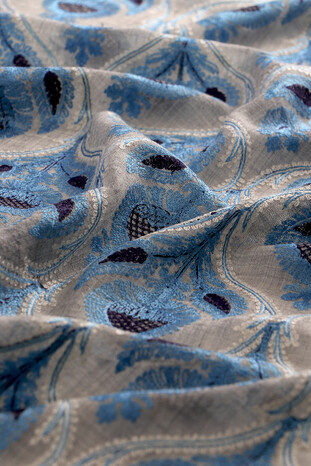 Gray Turquoise Suzani Embroidered Wool Silk Shawl - Thumbnail
