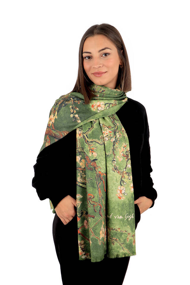 Green Almond Blossom Pattern Winter Shawl - 2