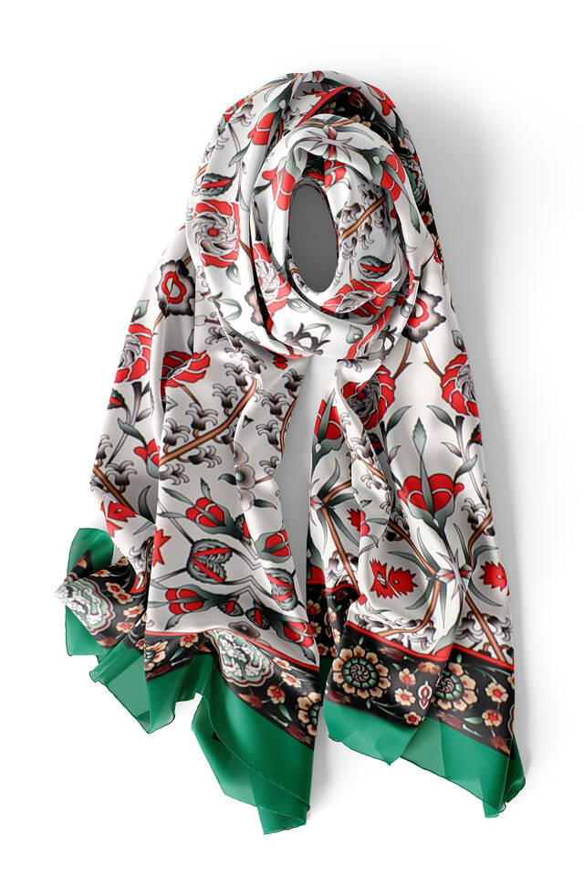 Green Black Selcuk Pattern Silk Foulard - 3