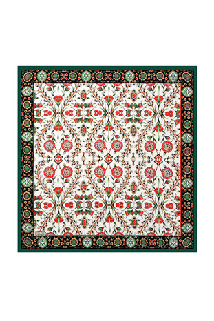 Green Black Selcuk Pattern Silk Square Scarf 