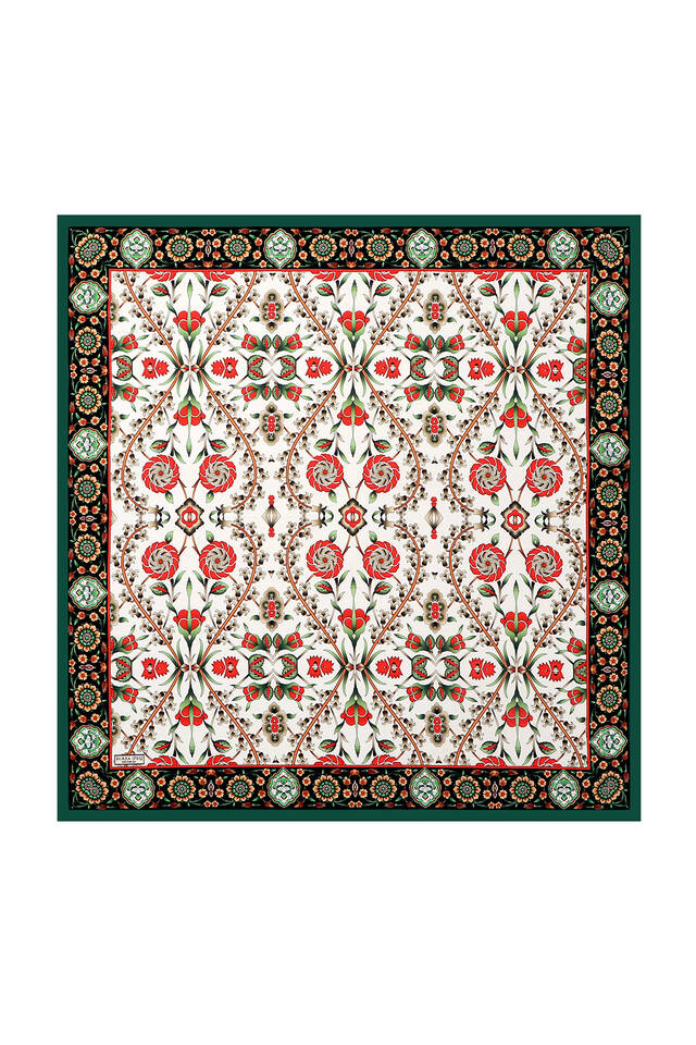 Green Black Selcuk Pattern Silk Square Scarf 