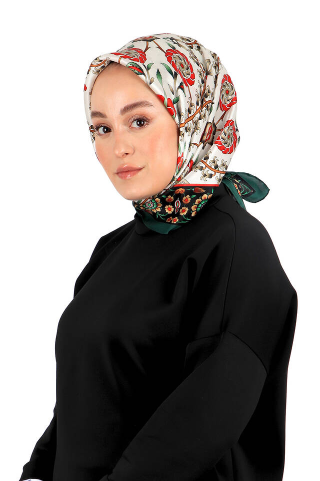 Green Black Selcuk Pattern Silk Square Scarf - 2