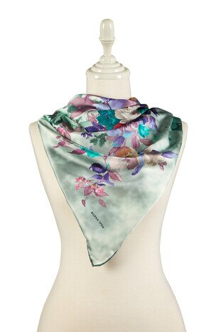 Green Bouquet Pattern Silky Square Scarf - Thumbnail