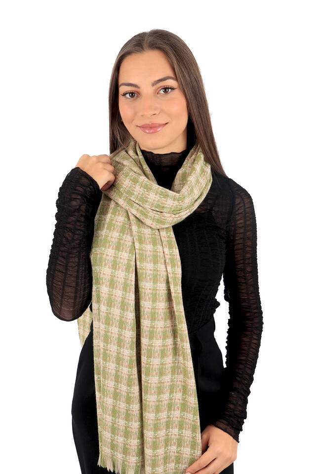 Green Cream Plaid Pattern Winter Shawl - 2