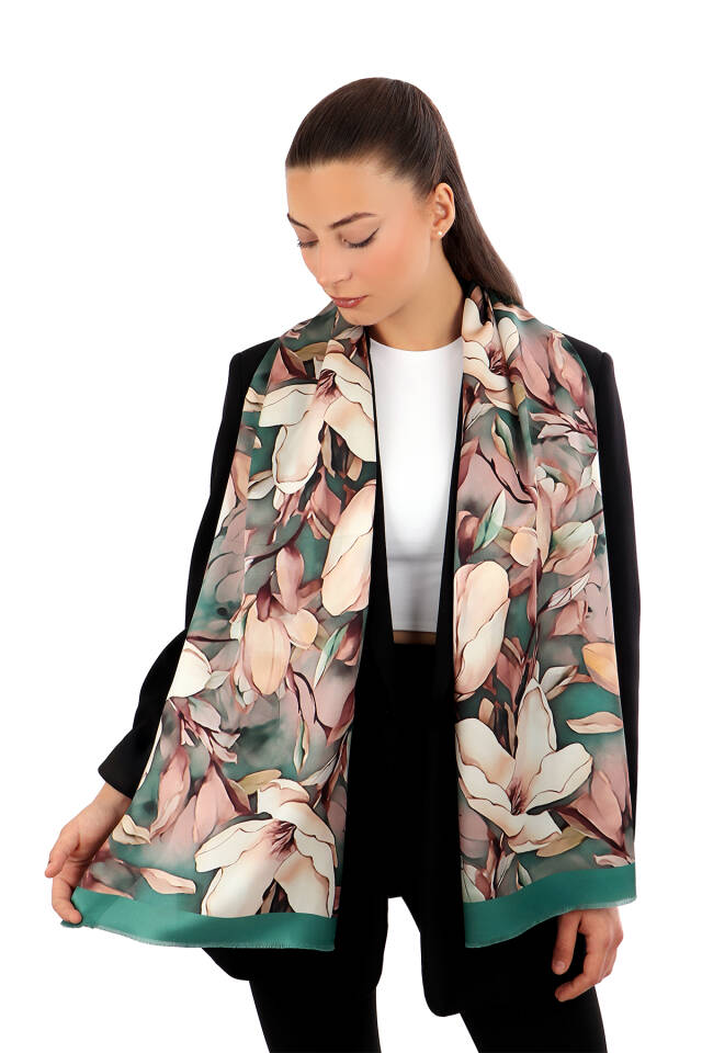 Green Daffodil Pattern Silk Foulard - 1