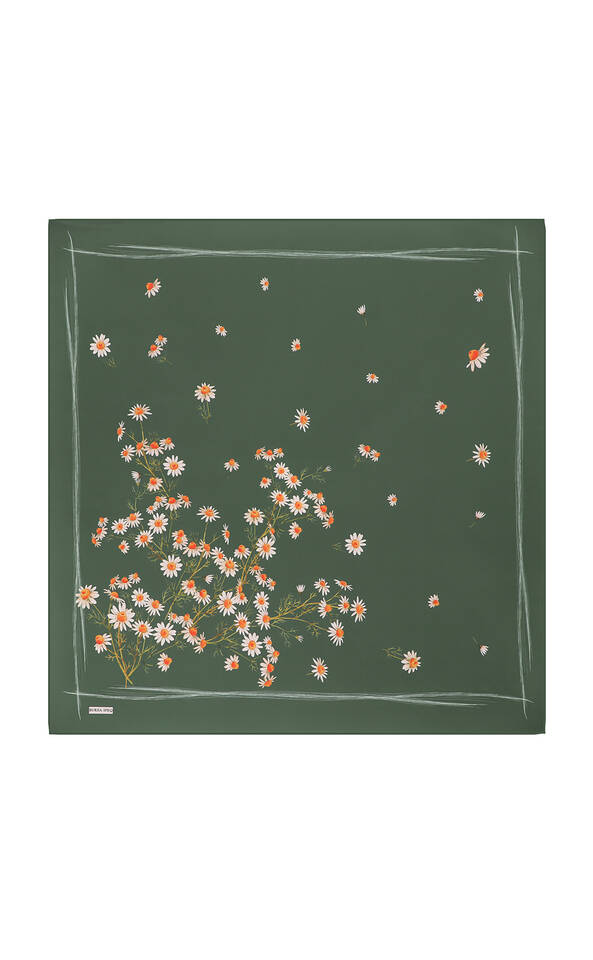 Green Daisy Pattern Twill Silk Square Scarf - Bursa İpek