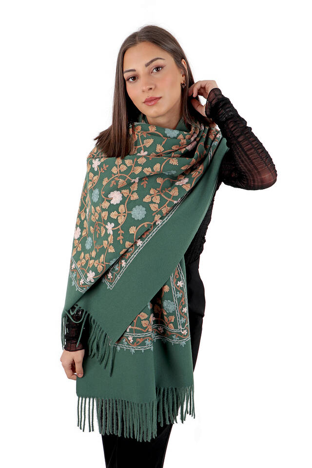Green Embroidered Winter Shawl - 2