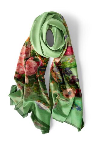 Green Floral Narrow Silk Foulard - Thumbnail