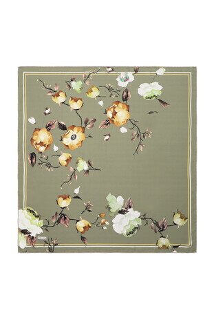 Green Floral Twill Silk Square Scarf 