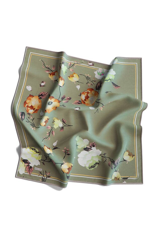 Green Floral Twill Silk Square Scarf - 4