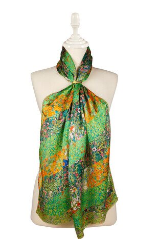 Green Flowers Silk Table Foulard - Thumbnail