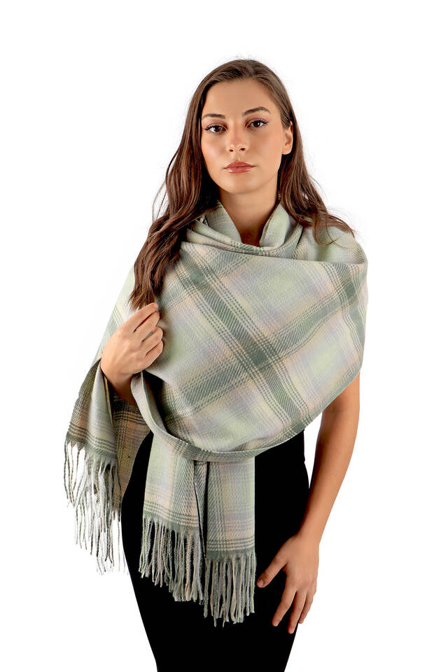 Green Gray Patterned Winter Shawl - 2