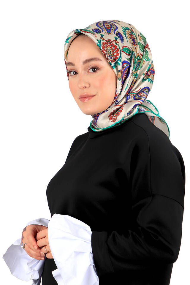 Green Iznik Pattern Silk Square Scarf - 2