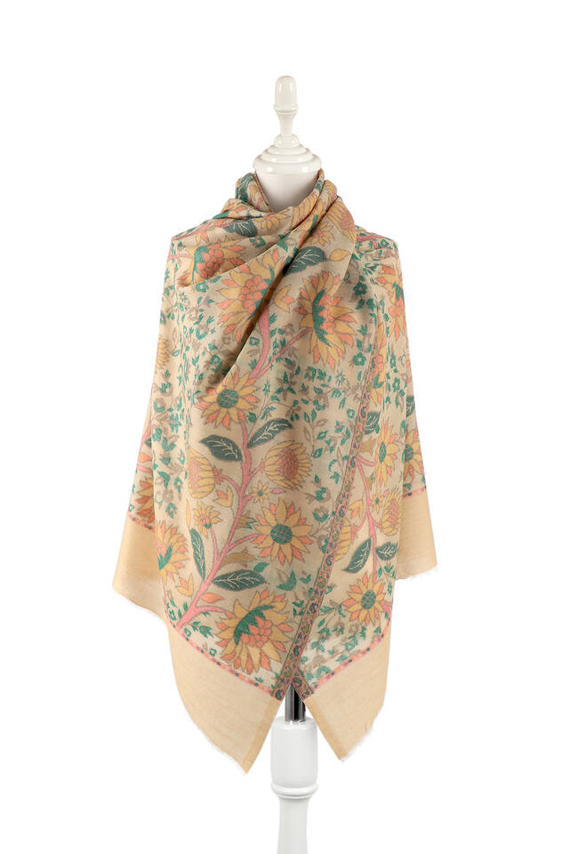 Green Jacquard Patterned Wool Shawl - Bursa İpek