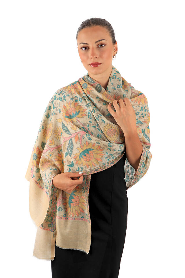 Green Jacquard Patterned Wool Shawl - 2