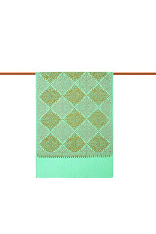Green Khaki Embroidered Suzani Wool Shawl - Thumbnail