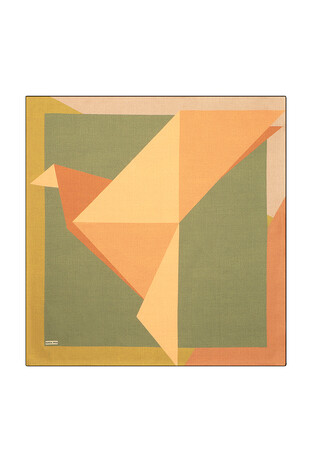 Green Khaki Geometric Pattern Twill Silk Square Scarf - Thumbnail