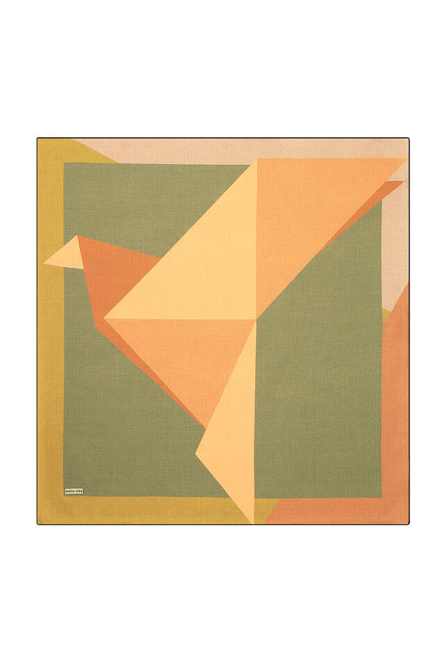 Green Khaki Geometric Pattern Twill Silk Square Scarf - Bursa İpek