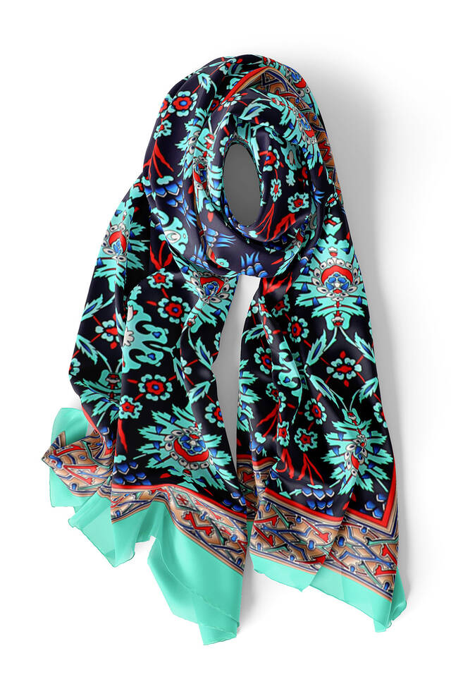 Green Navy Blue Tile Tulip Silk Foulard - 3