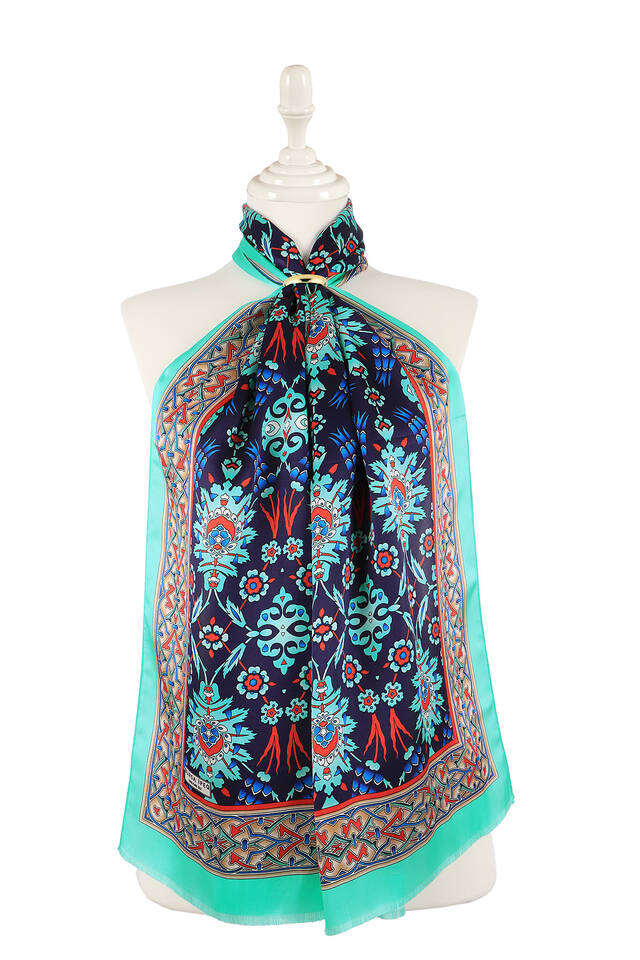Green Navy Blue Tile Tulip Silk Foulard 