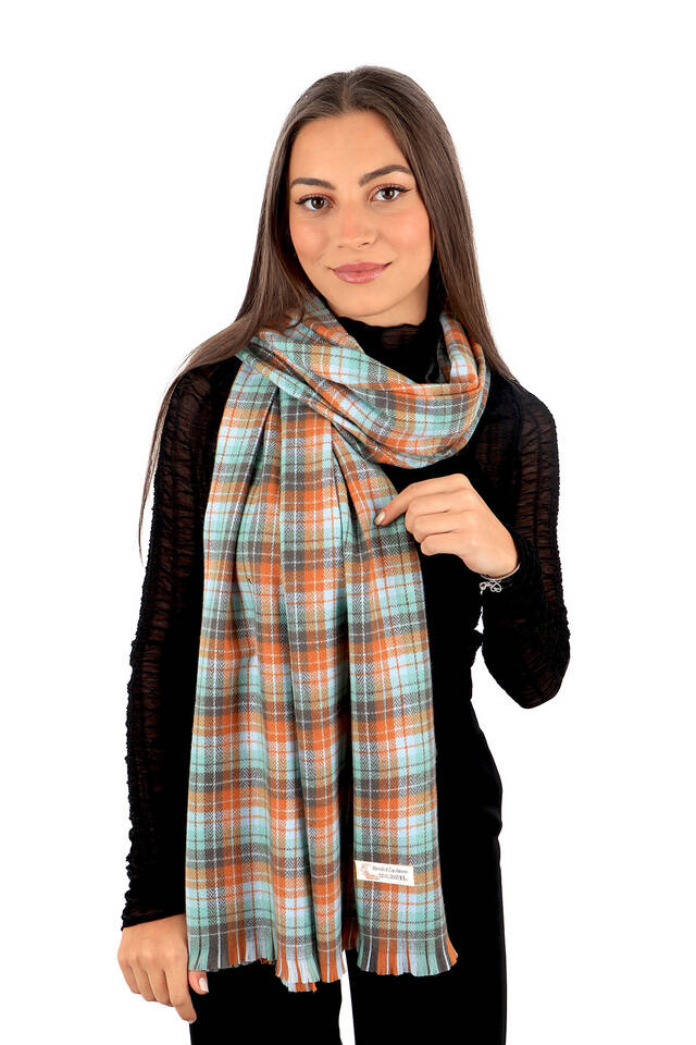 Green Orange Plaid Pattern Winter Shawl - 2