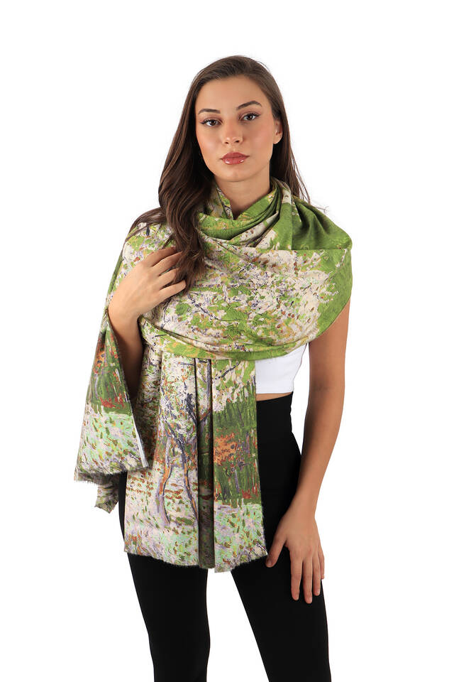 Green Peach Tree Pattern Winter Shawl - 2