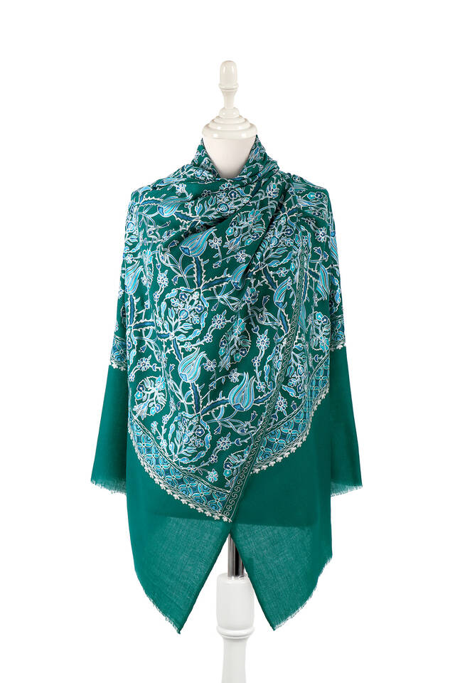 Green Turquoise Tulip Pattern Embroidered Wool Silk Shawl - Bursa İpek