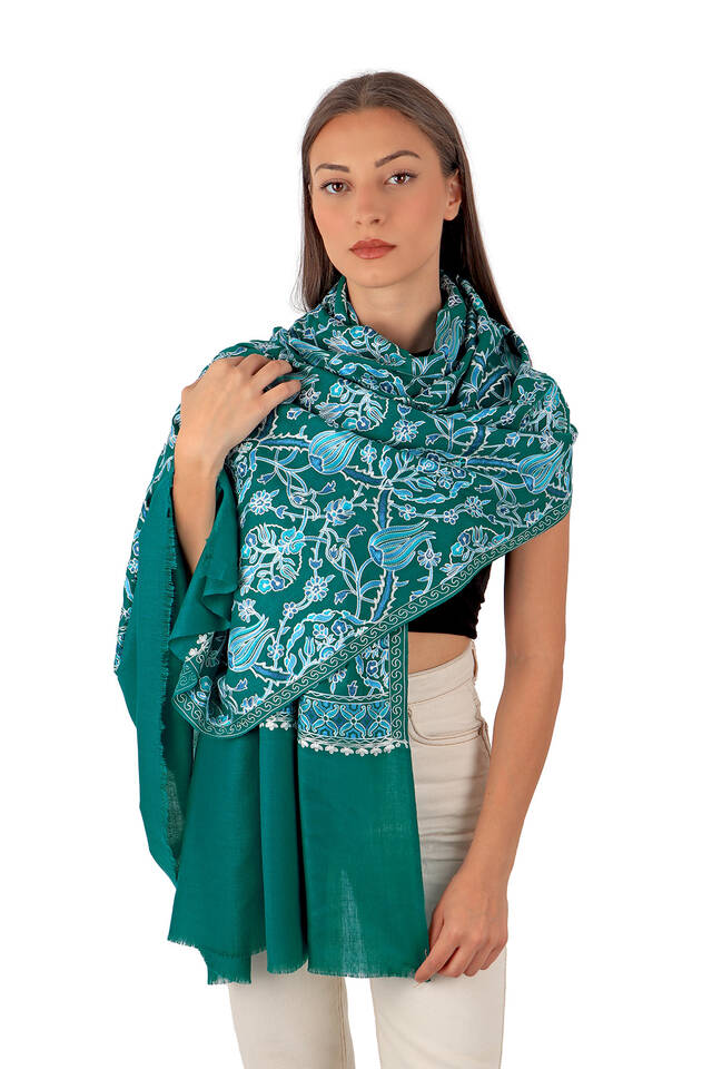 Green Turquoise Tulip Pattern Embroidered Wool Silk Shawl - 2