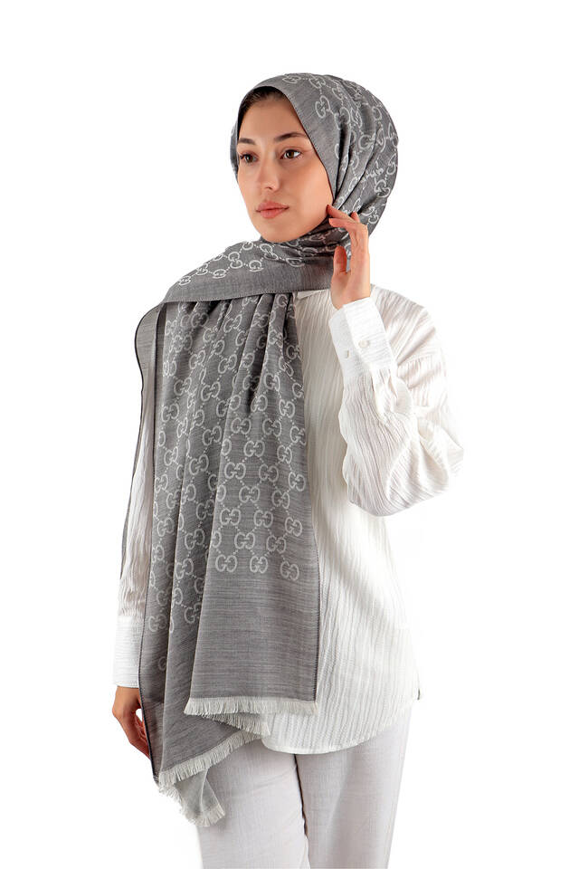 Grey G Pattern Wool Silk Scarf - 2