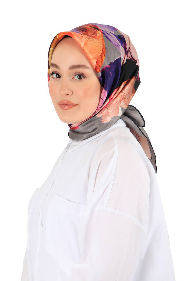Gri Armoni Desen Sura İpek Eşarp - 2