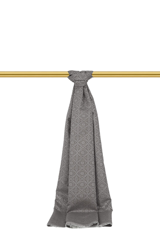 Gri Halka Desen Jakarlı İpek Şal - Bursa İpek