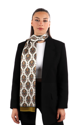 Haki Hatai Desen Dar İpek Fular 