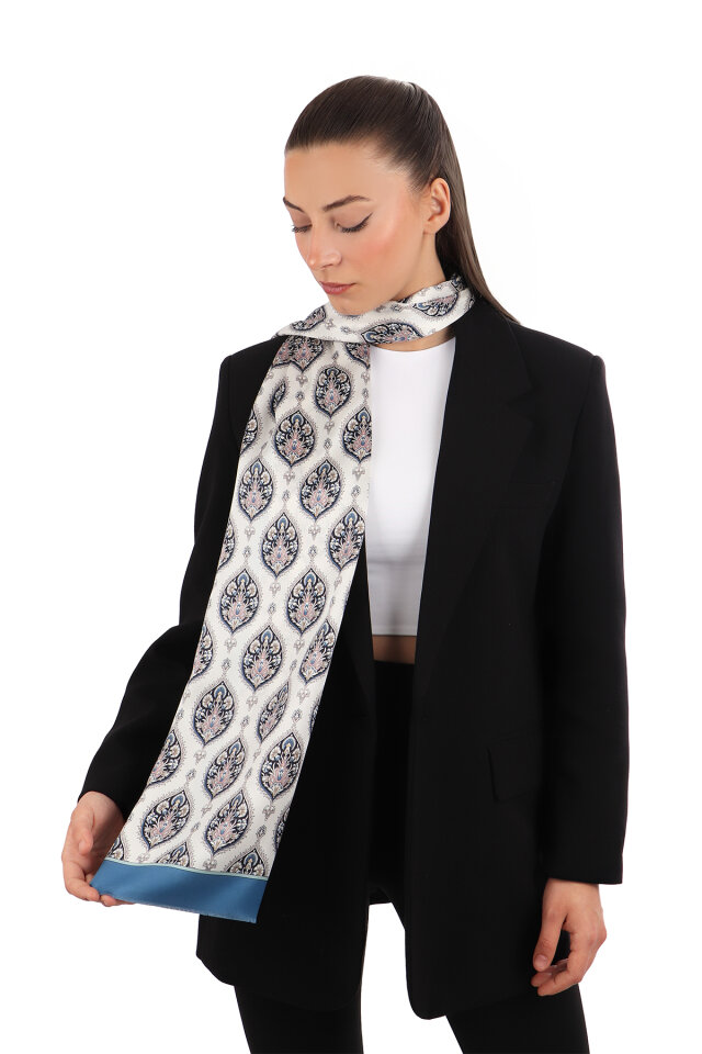 İndigo Hatai Desen Dar İpek Fular - Bursa İpek