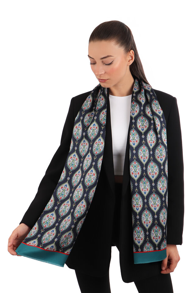 Petrol Yeşil Hatai Desen Dar İpek Fular - Bursa İpek