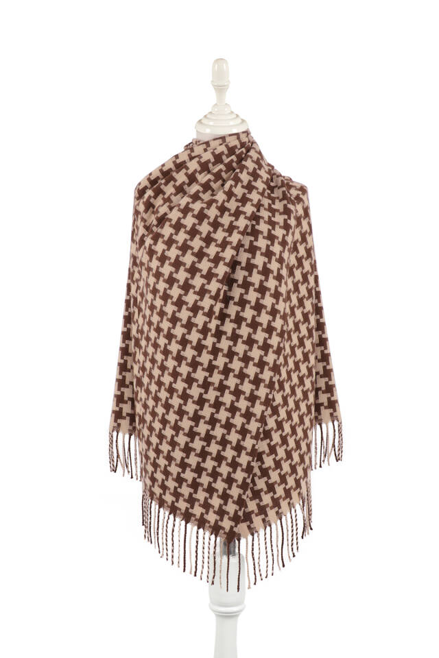 Brown Houndstooth Pattern Winter Shawl - Bursa İpek