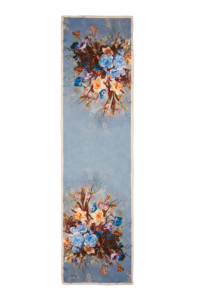 Ice Blue Floral Narrow Silk Foulard - 4