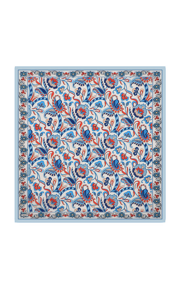 Ice Blue Floral Pattern Voile Silk Square Scarf - Bursa İpek