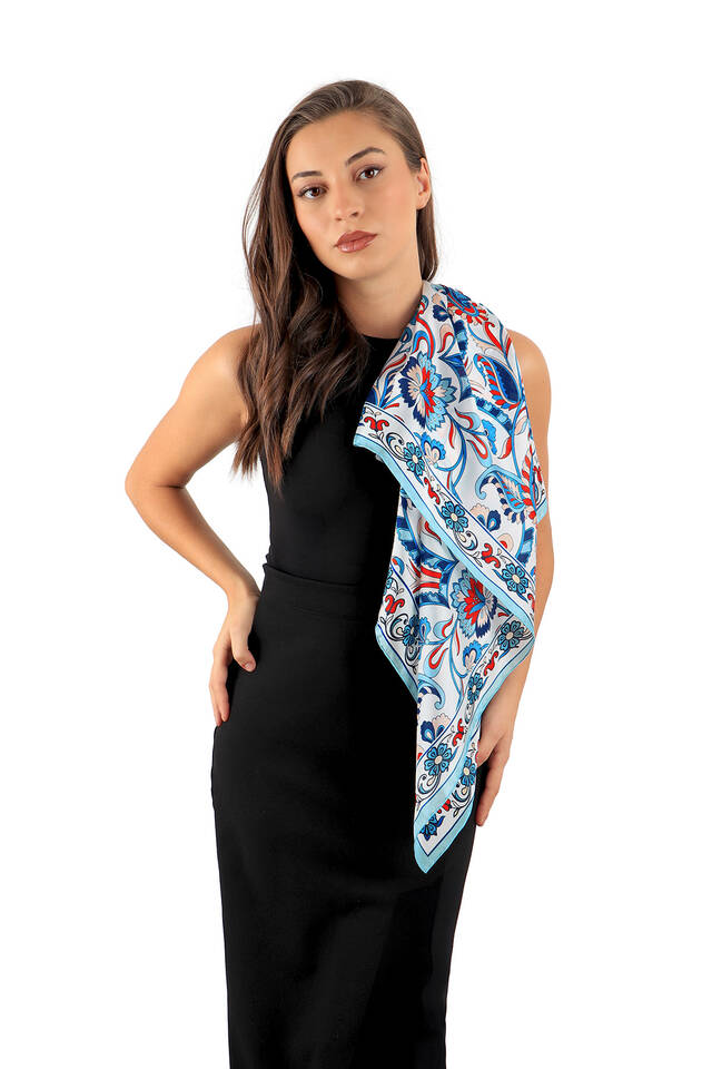 Ice Blue Floral Pattern Voile Silk Square Scarf - 3