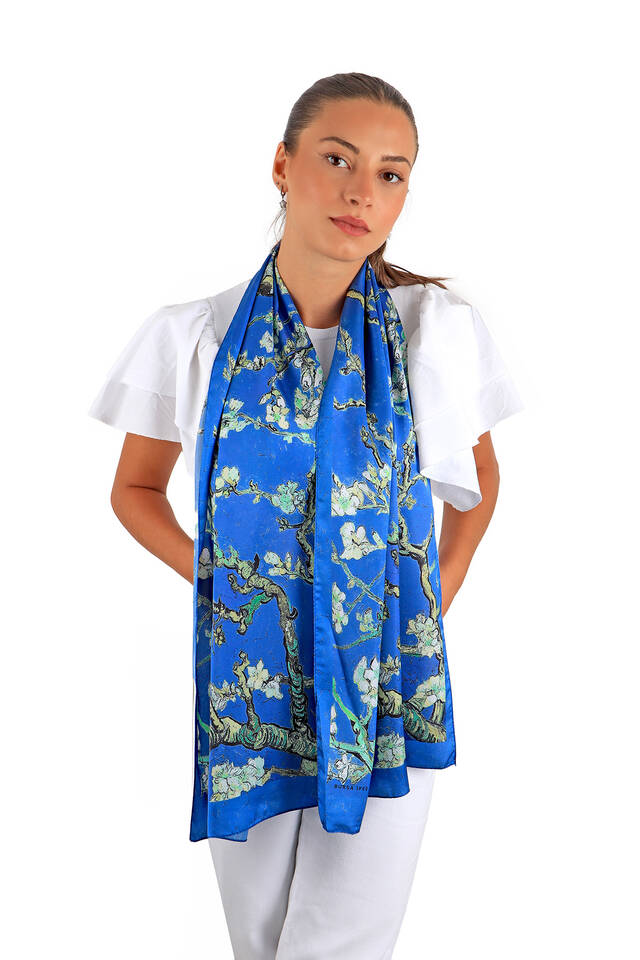 Indigo Almond Blossom Silky Foulard - 2