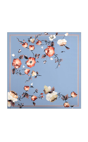 Indigo Floral Sura Silk Square Scarf - Thumbnail
