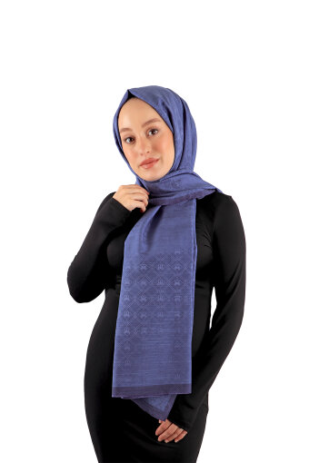 Indigo Monogram Pattern Silk Cotton Scarf 