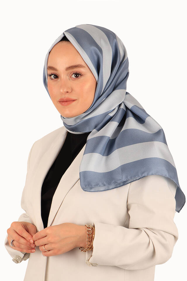Indigo Stripe Pattern Twill Silk Scarf - 3