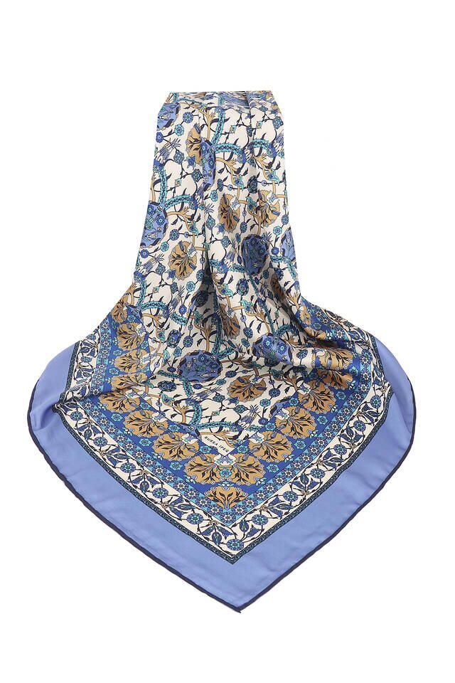 Indigo Tile Tulip Pattern Silky Square Scarf - 3
