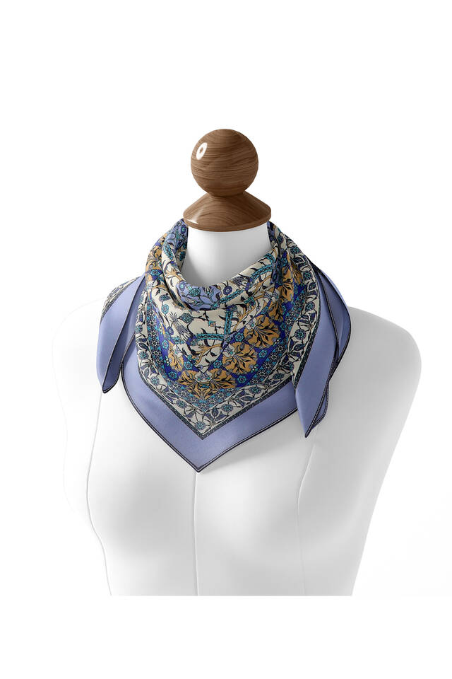Indigo Tile Tulip Pattern Soft Square Scarf - 2