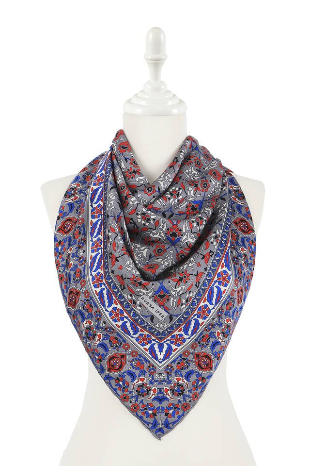 Gri Türk Motifli Çini Desen İpeksi Eşarp - 2