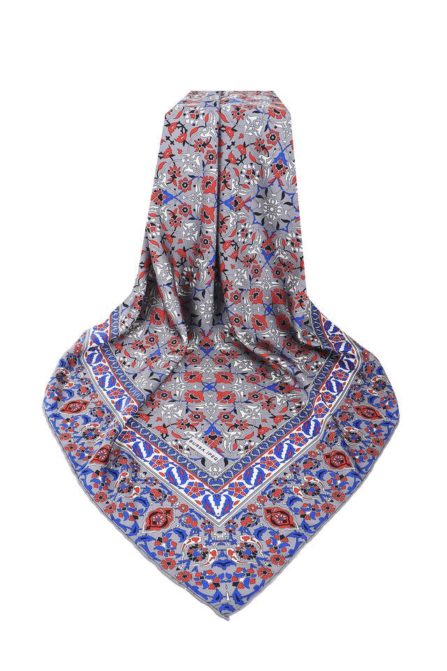 Gri Türk Motifli Çini Desen İpeksi Eşarp - 3