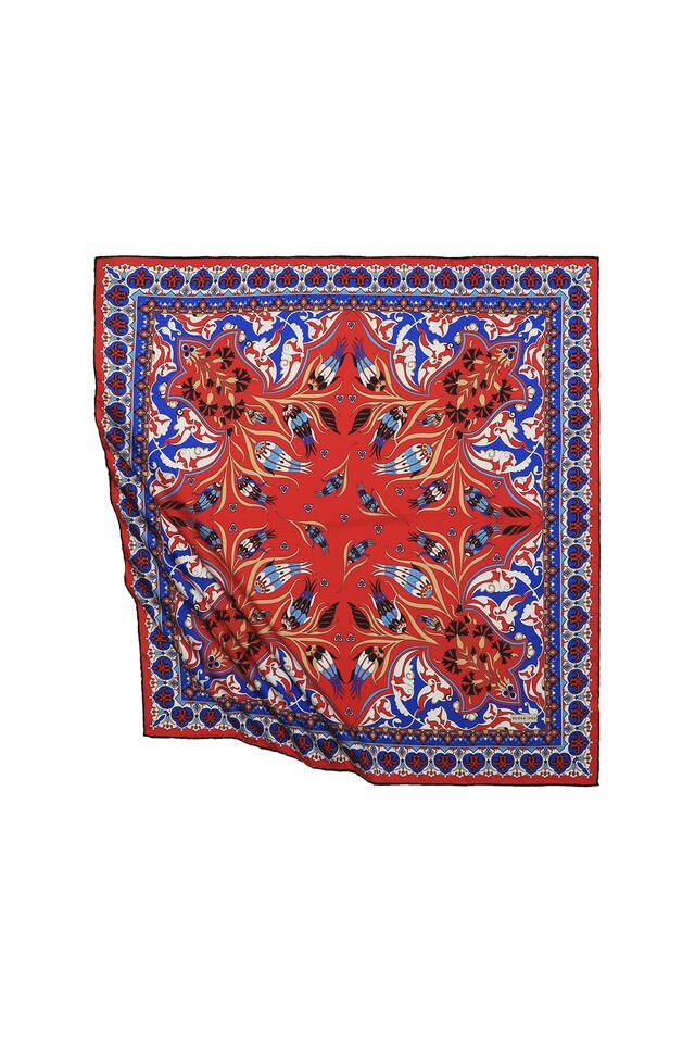 Kırmızı Türk Motifli Çintemani Karanfil Desen İpeksi Eşarp - 1